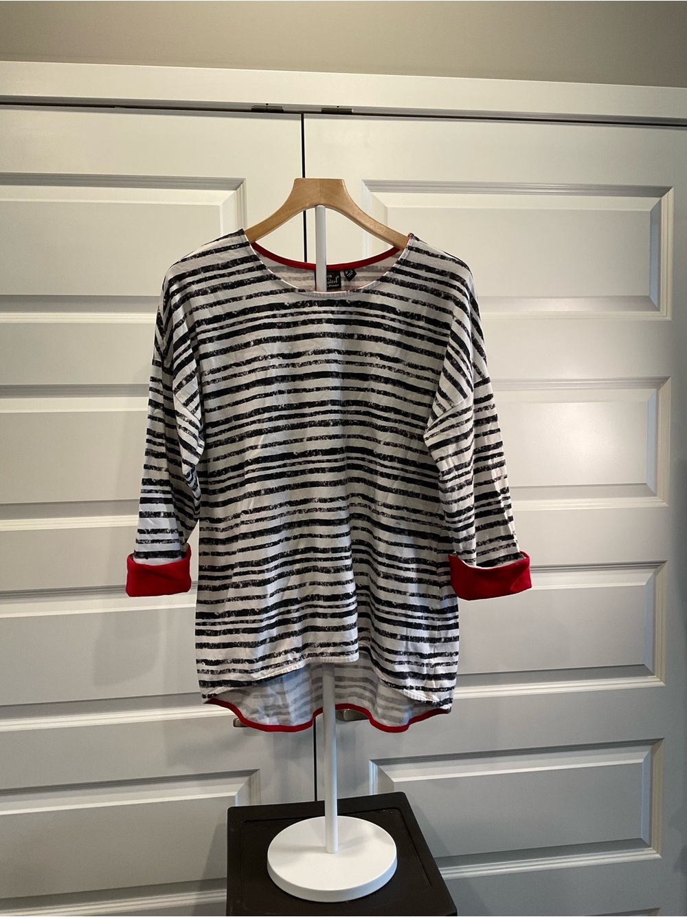 Women with Control Black & White Striped Long Sleeve Tee with Red Trim